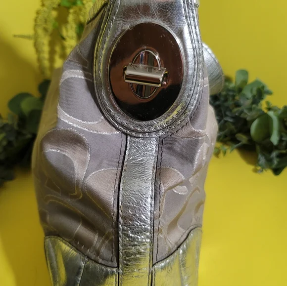 Coach Peyton White Silver Satin Canvas Logo Metallic Hobo Bag - Picture 4 of 14